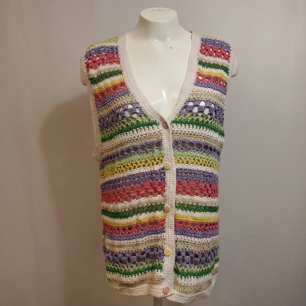 VTG Koret Francisca Petites Crocheted Vest Granny Chic Colorful Stripes Rainbow